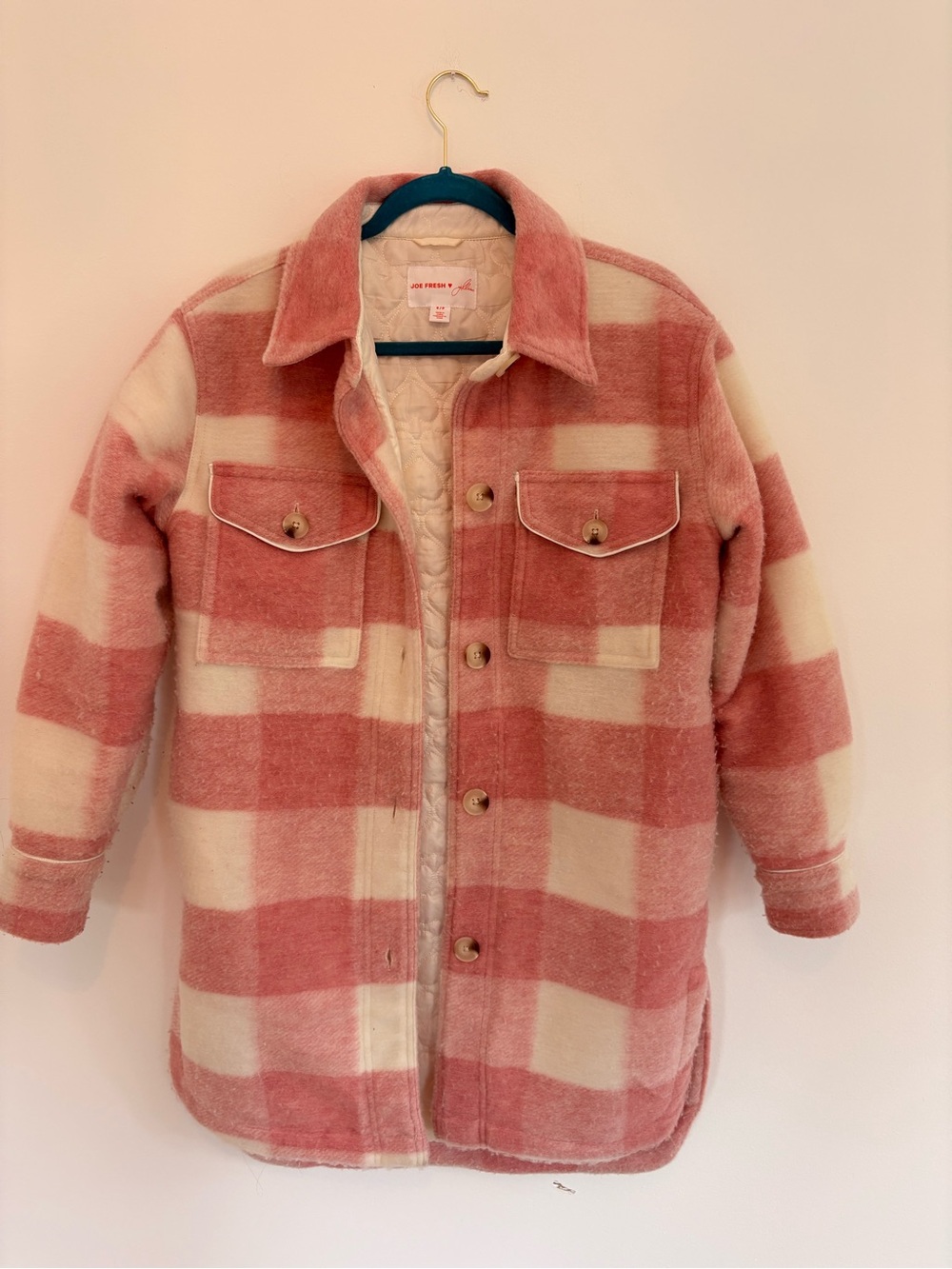 Joe Fresh x Jillian Harris Pink and Cream Plaid Quilted Shacket